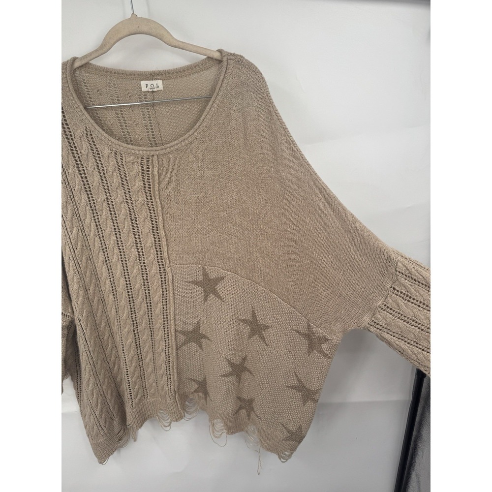 POL Knit Distressed Star Print Sweater Oversized Women S Brown Granolagirl Retro - Picture 6 of 7